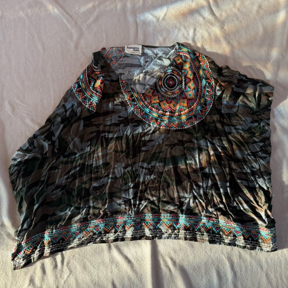 Savanna Jane Camouflage & Multi Color Embroidered Poncho Top Size 2X/3X